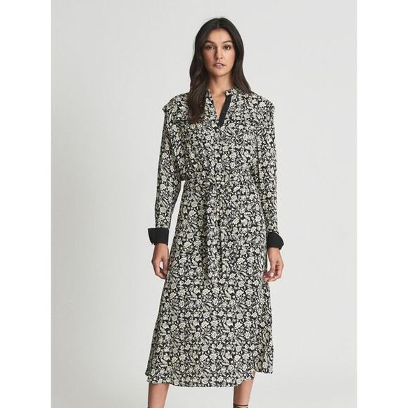 Reiss Micah PT Floral Printed Midi Dress Button Down Long Sleeve 2 - Picture 1 of 12